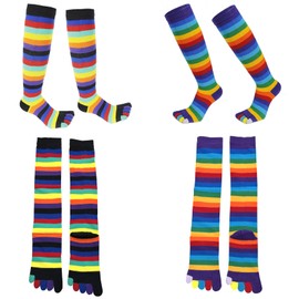 2 Pairs Cotton Long Five Finger Socks Knee High 5 Toe Socks Rainbow Stripe Leg Warmers Stockings for Women Girls