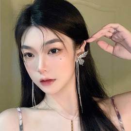 Dainty Silver Butterfly Dangle Earring Charming Shiny Crystal Pearl Tassel Earring Hypoallergenic Statement Earring Trendy Prom Jewelry Gift for Women (Silver)