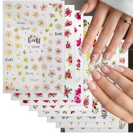 8 Sheets Flower Nail Art Stickers Decals 3D Self-Adhesive Nail Decals Bronzing Gold Edge Design Colorful Floral Butterfly Nails Stickers Spring Nails Art Supplies for Women DIY Manicure Decorations