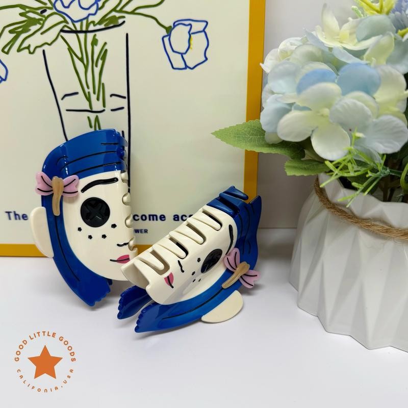 Blue-Haired Girl Double-Sided Claw Hair Clips, Durable Plastic for Women