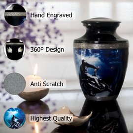 Motorcycle Cremation urn for Human ash Adult Male with a Capacity of 200 Cubic in., A Polished Metal with a Silver Ring, Black Body for Memorial, Includes a Velvet Bag and Anti Scratch Felt Bottom.