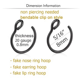 QWALIT Fake Nose Ring Hoop and Lip Piercing - Black Clip-on Snake Bites Faux Rings for Nose and Lip - Spring Closure