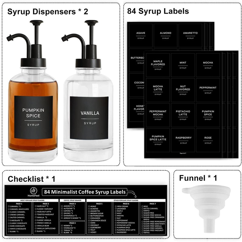 Glass Coffee Syrup Dispenser with 84 Labels (Set of 2),