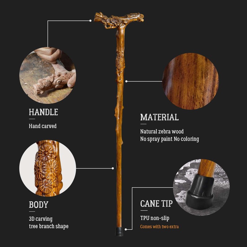 Wooden Walking Cane, Hand-Carved Wood Walking Cane for Men and