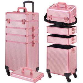GALHUBIS Rolling Makeup Case, Makeup Train Case with Lid, 5 in 1 Cosmetology Case on Wheels, Christmas Gift, Large Makeup Case Organizers, Profesional Cosmetic Case for Salon Barber, Pink