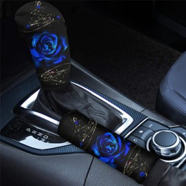 STUOARTE Blue Rose Print Fashion Car Handbrake Cover Gear Shift Knob Cover Set for Women, Universal Anti Skid Breathable Car Accessories Decor