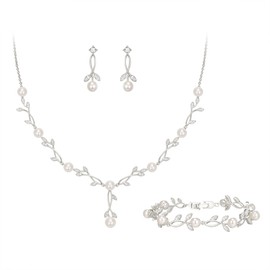 EVER FAITH Bridal Jewelry Set for Bride, White Gold Plated Cubic Zirconia Simulated Pearl Leaf Filigree Prom Party Necklace Earrings Bracelet Sets for Women fit Wedding Dress