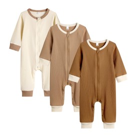 Bafeicao Unisex Baby Boy Girl 3 Pack Rompers Long Sleeve 2 Way Zipper One Piece Jumpsuits Clothes Sets, Beige+Khaki+Brown, 12-18M