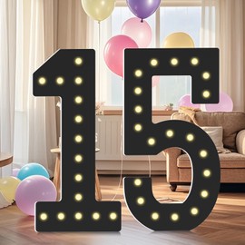 LOBOOM Marquee Numbers Black,15th-Birthday Decorations,Large 4FT Light Up Number 15 Birthday Decoration for Boy Girl Fifteen Year Old Birthday Decor Party Weddings Anniversary Cardboard Big Mosaic