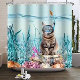 SDOTPMT 105x160cm Funny Cat Shower Curtain Cute Kitten Diving in Teal Blue Ocean Sea Coral Marine Alga Bathroom Curtain Waterproof Fabric Polyester Bathroom Home Decor with Hooks