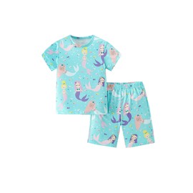 TCWWBB Girls Pyjamas Sets Kids Short Pjs Set Toddler Unicorn Mermaid Animal Print Polyester Sleepwear Little Girl Tops T-Shirt&Pants 2Pcs Summer Nightwear Clothes Age 2-8 Years