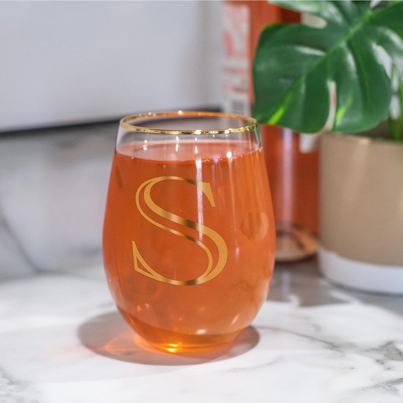 Mary Square Monogrammed S Gold Foil 16 ounce Glass Stemless