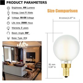 Leools G16.5 Light Bulb,6W E12 LED Bulb dimmable Equivalent E12 Candelabra Bulb 60 Watt,Warm White 2700K,Frosted Glass,600lm,CRI90+,AC120V,Edison Style,Clear Glass,ETL Listed,Pack of 6