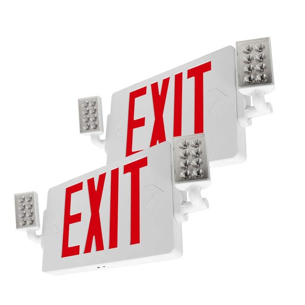 LFI Lights | Thin Combo Red Exit Sign with Emergency Lights | White Housing | All LED | Two Adjustable Heads | Hardwired with Battery Backup | UL Listed | (2 Pack) | COMBOT-R