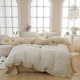 HighBuy Vintage Duvet Cover Twin Size Boho Floral Ruffle Comforter Cover Set Twin 100% Cotton Lightweight Soft Coquette Bedding Plaid Duvet Cover with Lace Pillowcases,Breathable,Twin Set