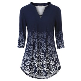 BAISHENGGT - Blusas de manga 3/4 con estampado floral y cuello en V para mujer, Azul Floral, XX-Large