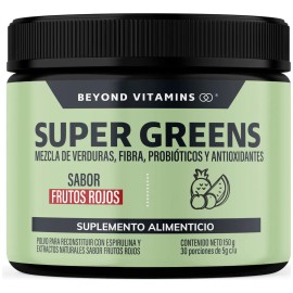 Super Greens Premium 12 en 1 | Matcha, Espirulina, Moringa, Probióticos y Enzimas Digestivas | Jugo Verde Sabor Frutos Rojos | 30 Porciones