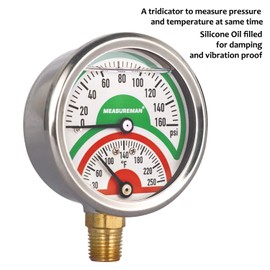 MEASUREMAN Tridicator, Thermo-Manometer, 2-1/2", Silicone Oil Filled, 0-160psi/30-250 deg F, Stainless Steel Case, 1/4" NPT Lower Mount Pressure Gauge