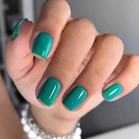 Medium Press on Nails Coffin Fake Nails Dark Green Acrylic Nails Solid Color False Nails with Design Square Glue on Nails Reusable Artificial Nails Glossy Stick on Nails for Women 24PCS