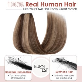 Benehair One Piece Clip in Hair Extensions Real Human Hair 3/4 Full Head V Shaped Weft Thicker Hair Lace Net One Piece Hair Extensions with 5 Clips (22"-75g #4P27 Medium Brown Mixed Dark Blonde)