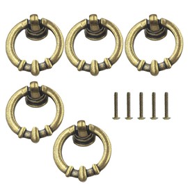 ONEBO 5 pcs Door Ring Pull Handles,Vintage Metal Drawer Knobs Pulls Handles, with Screws, for Cabinet Wardrobe Cupboard Dresser(Brass)