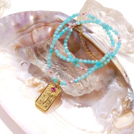 Lii Ji 18K Gold Plated 3mm Natural Stone Tarot card Pendant Necklace Good Luck Amulet Pendants Stainless Steel Necklace, Stainless Steel, Zircon