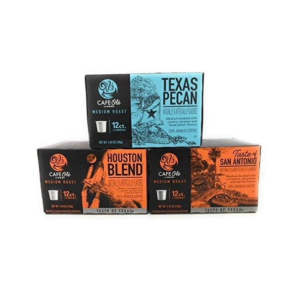 Cafe Ole Taste of Texas Gourmet Coffee K Cups Gift Assortment, 12ct. (36 Cups) Houston Blend, Texas Pecan, Taste of San Antonio, Set of 2