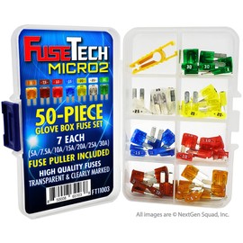FuseTech Micro2 APT ATR 50 Piece Automotive Car Fuse Assortment Glove Box Set (49 Micro 2 Blade Fuses + Fuse Puller) 5A 7.5A 10A 15A 20A 25A 30A