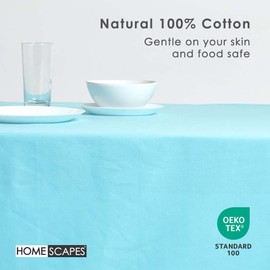 HOMESCAPES Blue Table Cloth, Plain Cotton Tablecloth, Large Rectangular, Handcrafted & Durable Dining Table Cover with Hem Stitch, Hypoallergenic, Washable, 137 x 228cm