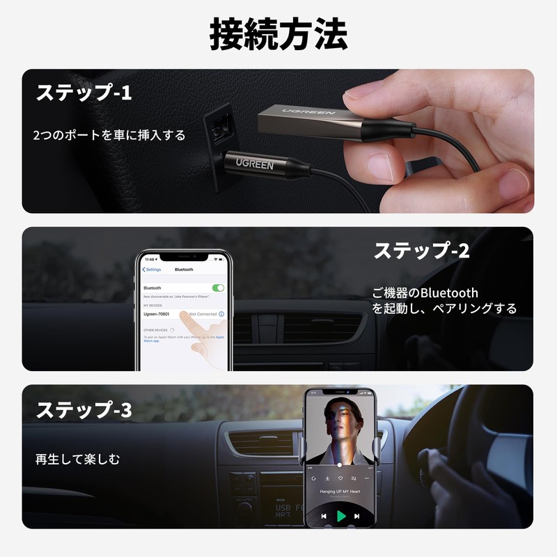 UGREEN Bluetooth 5.3 Car Receiver, Bluetooth Receiver, Bluetooth Enabled, Hands-Free
