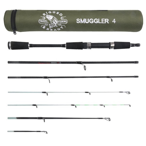 Rigged and Ready Smuggler 7 Travel Fishing Rod & Case. Compact yet powerful 8.5’ (235cm) rod, with 2 tips, for spin and general fishing. The most powerful Smuggler rod for fish up to 20lbs (10kg)