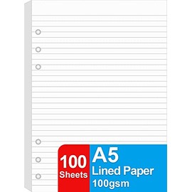 A5 Lined Paper Refill, 100 Sheets/200 Pages Refill Paper for Large Leather Journal/Filofax Binders, 6 Holes Punched, 100gsm Ruled White Filler Paper, 5.8'' x 8.2''