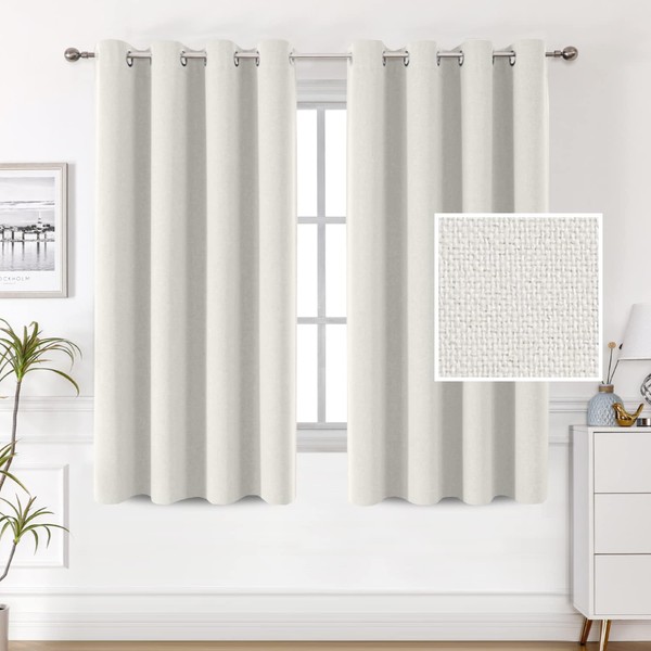 100% Blackout Faux Linen Curtains 63 inches Long Thermal Curtains for Living Room Textured Burlap Curtains with Double Face Linen Grommet Soundproof Bedroom Curtains 52 x 63 Inch, 2 Panels - Off White