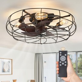 LEDIARY 23 Inch Caged Ceiling Fan with Light, Flush Mount Low Profile with Remote Control, Farmhouse Industrial Bladeless Fan Light for Bedroom, Kitchen, Indoor