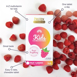 Proven A-Z Kids Multivitamin Chewable Tablets – Raspberry Flavour – 60 Yummy Tablets – Daily Children's Multivitamins with 13 Essential Vitamins & Minerals for Immune Support, Bone Health, Teeth & Energy – 2 Month Supply