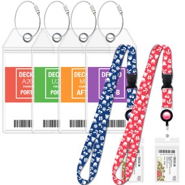 Carnival Cruise Luggage Tag Holder [4 Pack] & Lanyard for Ship Cards [2 Pack] Bundle - Large Tag Holders - Cruise Essentials 2025 & 2026 - Clear & Waterproof (Cruise Lanyards Blue & Pink)