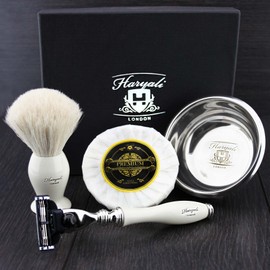 Haryali London 4 Piece Men's Shaving Set with 3 Razor Blades and White Badger Hair, Shaving Brush, Soap and Bowl, Perfect Set for Men
