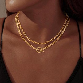 Coshilta Gold Necklace for Women，14K Dainty Gold Layered Chunky Paperclip Chain Necklace Non Tarnish Toggle Clasp Necklaces Stacks Cuban Link Chain Fashion Chunky Jewelry for Women