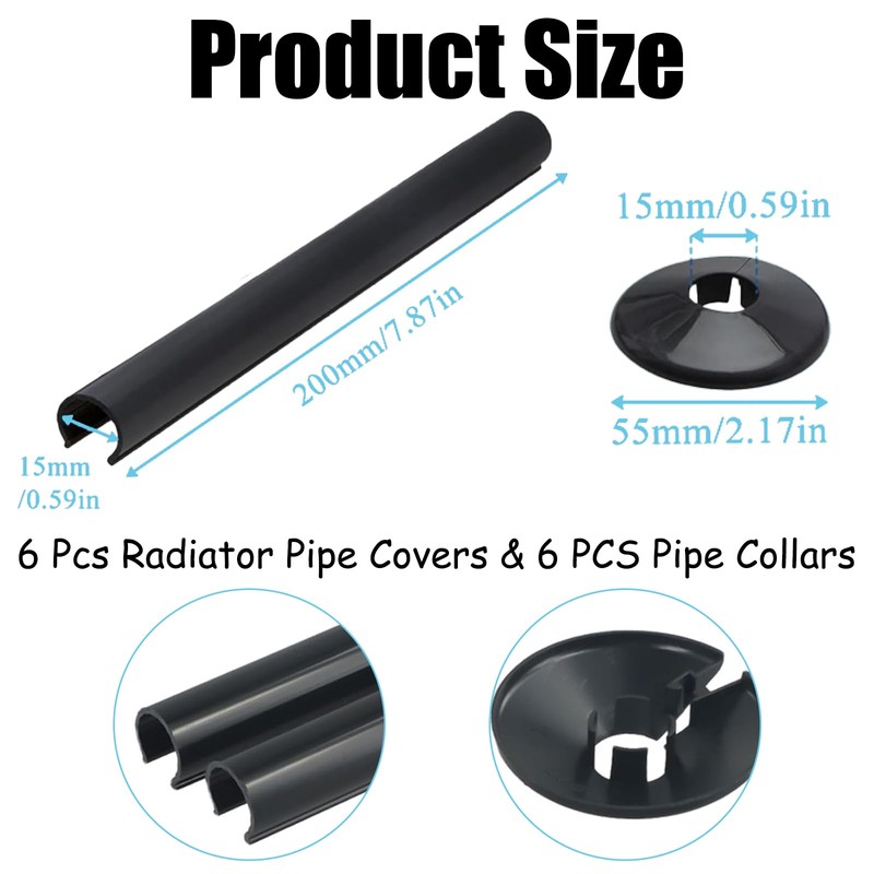 Black Radiator Pipe Covers & Sleeves, 6 Pack 200mm x