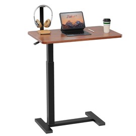 Simple Deluxe Adjustable Overbed Bedside Table with Wheels, Pneumatic Adjustable Hospital & Home Use Bed Table, Rolling Laptop Table, Mobile Standing Desk, Brown
