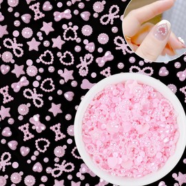 ZIENVE 500Pcs 3D Multi Shapes Nail Charms and Flatback Pearls, White Mix Styles Heart Star Bow Embellishments for Nail Art, Craft and Decoration, Pink