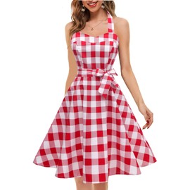 Topdress Women's Vintage Polka Audrey Dress 1950s Halter Retro Cocktail Dress Red White Plaid Large