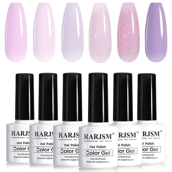 RARJSM Nude Gel Nail Polish Purple Glitter 6pcs Set 7.5ml