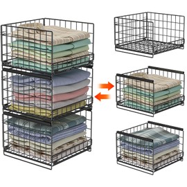 Hongtamoya 3 Tier Sliding Closet Organizers and Drawer Storage Shelves, Stackable Storage Bins for Jean Pants Sweaters, Storage Container for Wardrobe Cupboard Kitchen Bathroom Office, Black