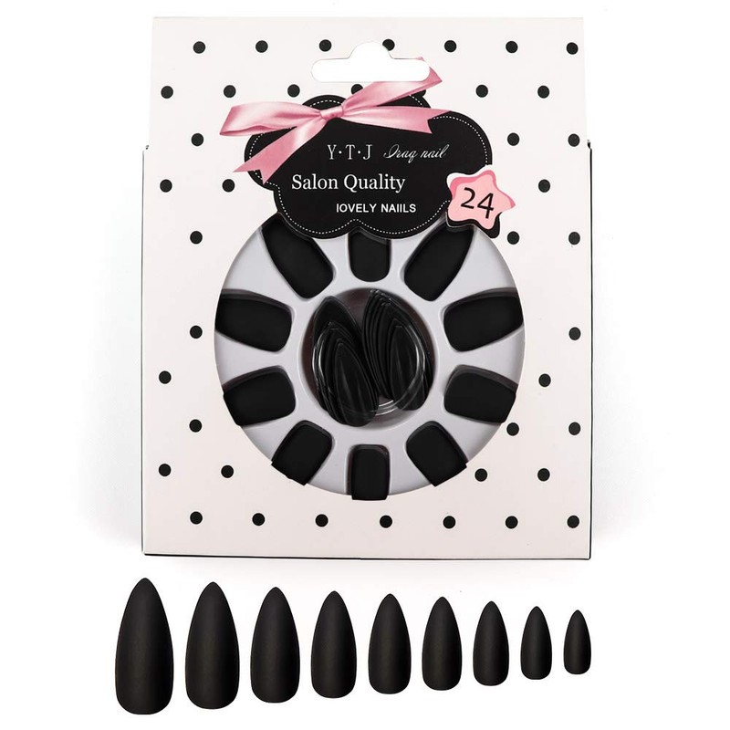 Matte Press on Nails Stiletto Almond Medium Length Black Pure