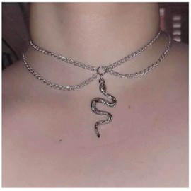 Allereya Punk Snake Pendant Necklace Silver Serpent Necklace Snake Layered Necklace Vintage Animal Necklaces Chain Jewelry for Women and Girls