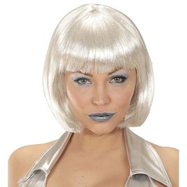 Silver Bob Wig With Fringe Space Ufo Cyber Hen Do Fancy Dress Accessory