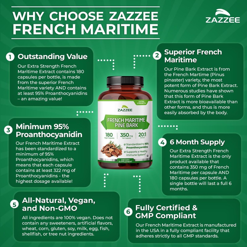 Zazzee Extra Strength French Maritime Pine Bark Extract 20:1, 350