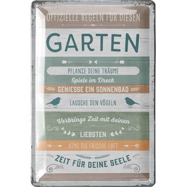 LANOLU Gartenregeln Sign - Tin Signs Garden with Sayings - Nostalgic Decoration as Gardener Gifts - Retro Decorative Vintage Metal Sign Garden in Wood Look 20 x 30 cm