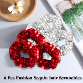 BAISEN 6Pcs Sequin Hair Scrunchies for women, Metallic Silver Red Elastics Ponytail Holders, Retro Light Up Scrunchies for Girls, Disco Ball Favors Hair Accessories for Christmas Rave Party